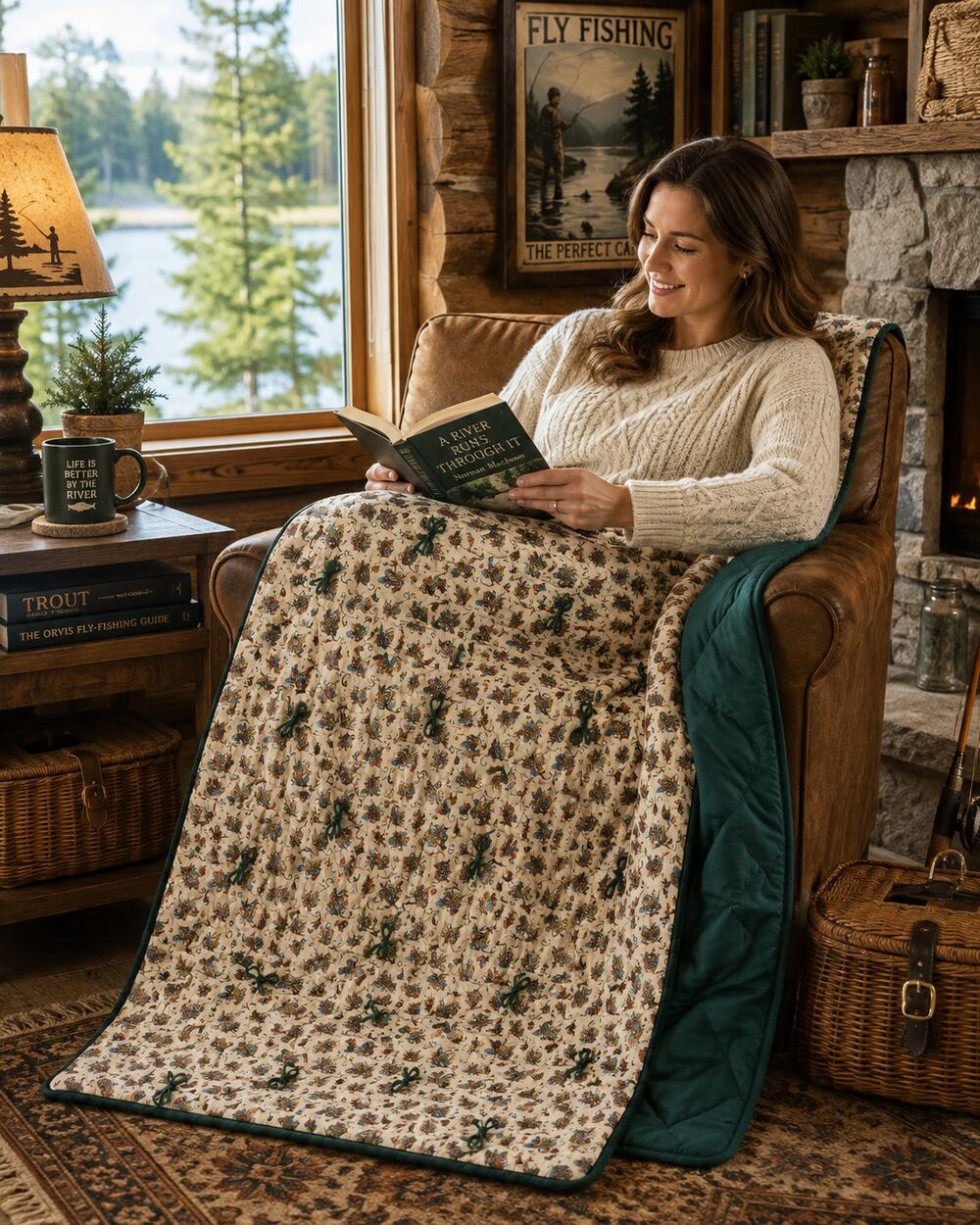 Vintage Joan Messmore Fly Fishing Cranston Cotton Quilt 42x70